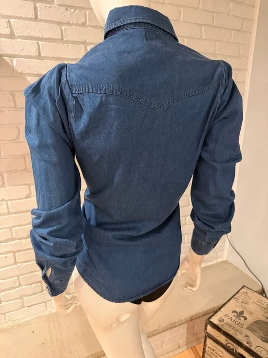 Torn by Ronny Kobo Chambray Denim Blouse S NWT Structured Chic Mutton Sleeve - Picture 16 of 16